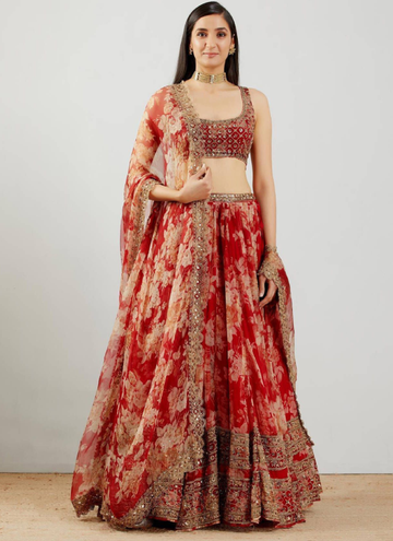 Red Floral Printed Embroidered Organza Lehenga Choli